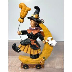Vintage Hand-Painted Halloween Witch Figurine On Moon With Ghosts & Pumpkin